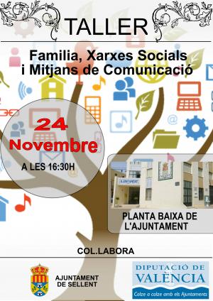 Cartel del taller de familia, redes sociales y medios de comunicación